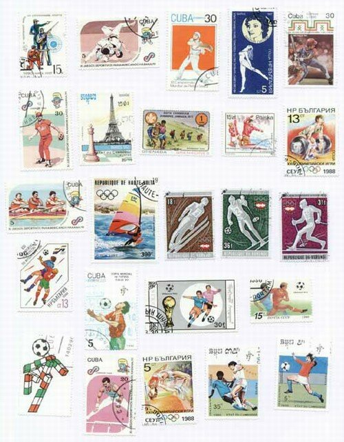 Collection of marks «Sports»; football, volleyball, rugby, struggle, fugure skating, jumps from a springboard, run on a ski, biathlon