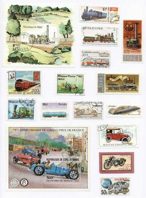 Коллекция марок «Транспорт»; паравозы, поезда, железнодорожный транспорт, старые автомобили, гоночные машины, мотоциклы
